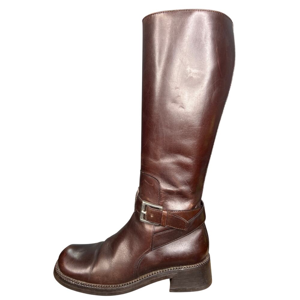 Prada Women’s Brown Leather Block Heel Riding Boot Size 38.5 US 8.5 - Picture 3 of 11